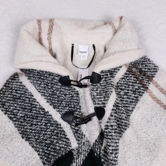 Sonoma Poncho Hooded Plaid Toggle One Size Cream Black Fall Cozy Cottagecore - Picture 2 of 10